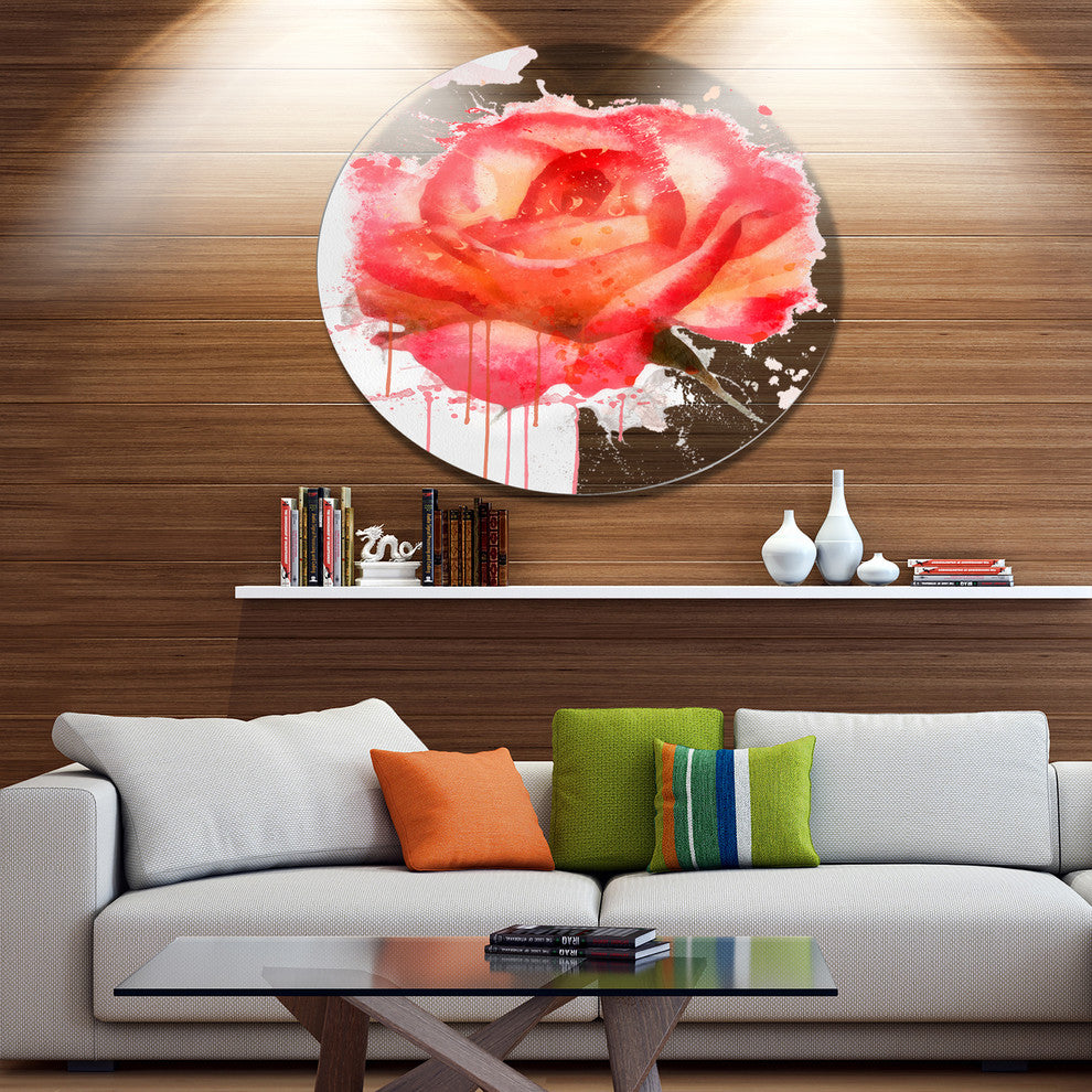 Red Rose Hand-Drawn With Splashes, Floral Disc Metal Artwork, 23"
