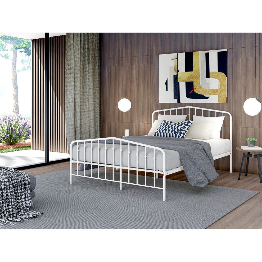 Kemah Full Bed Frame, 3 Supporting Metal Legs Deluxe Bed In Powder Coating White