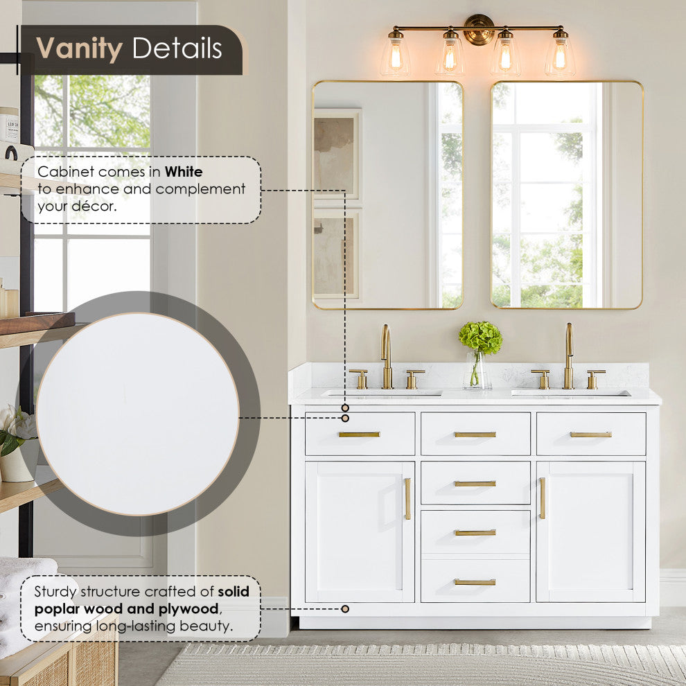 Gavino Vanity With Grain White Composite Stone Top, White/Brushed Gold, 54", No Mirror