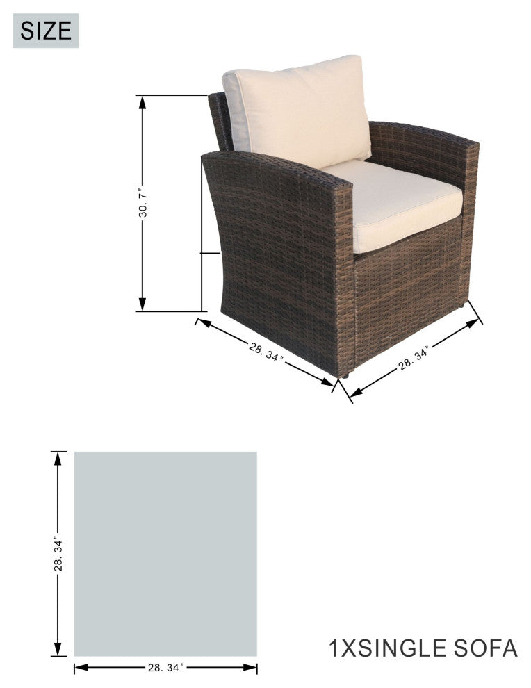 7-Piece Outdoor Gray Wicker Sofa Set with Chairs, Brown Fire Pit Table