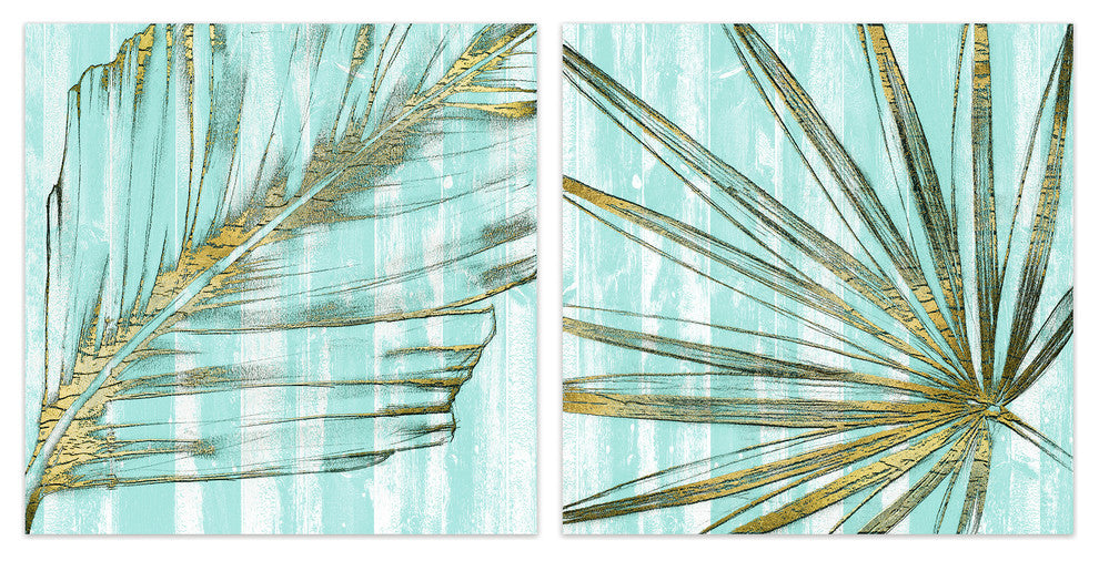 "Beach Frond in Gold" Glass Wall Art Free Floating Tempered Glass Print Set of 2