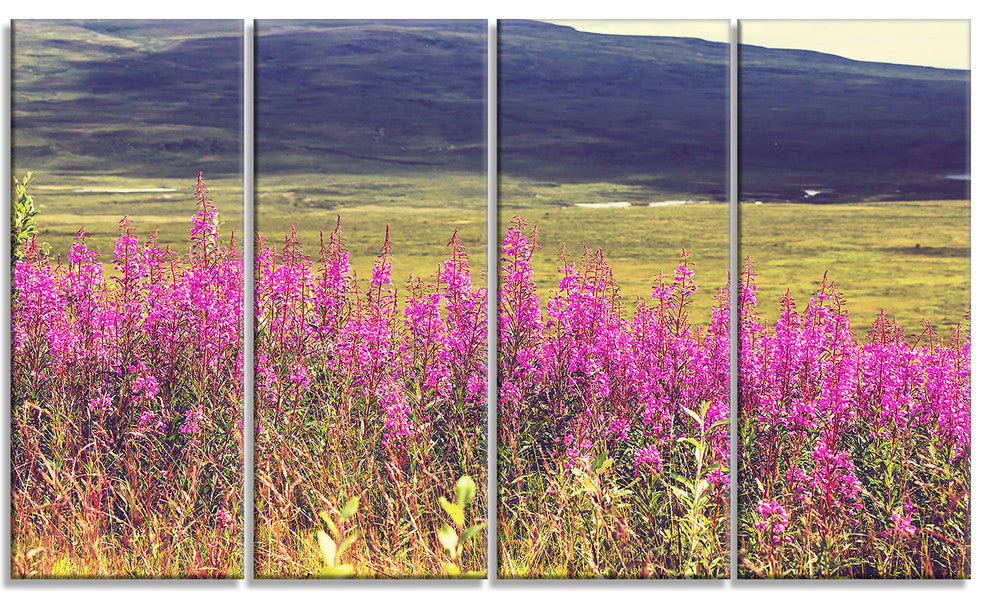 Purple Flowers in Mountain Pasture, Floral Canvas Art Print, 48"x28", 4 Panels