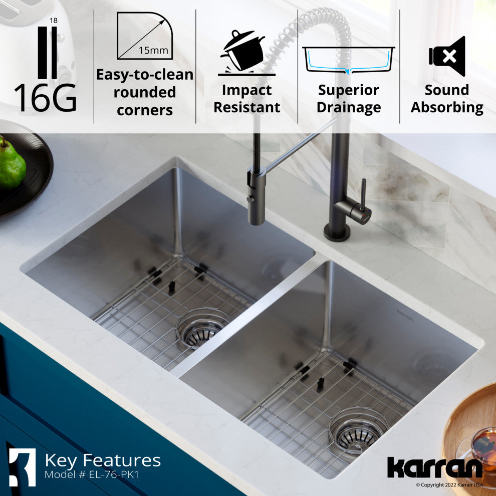 Karran 32" Undermount Double Equal Bowl Stainless Steel Kitchen Sink Kit