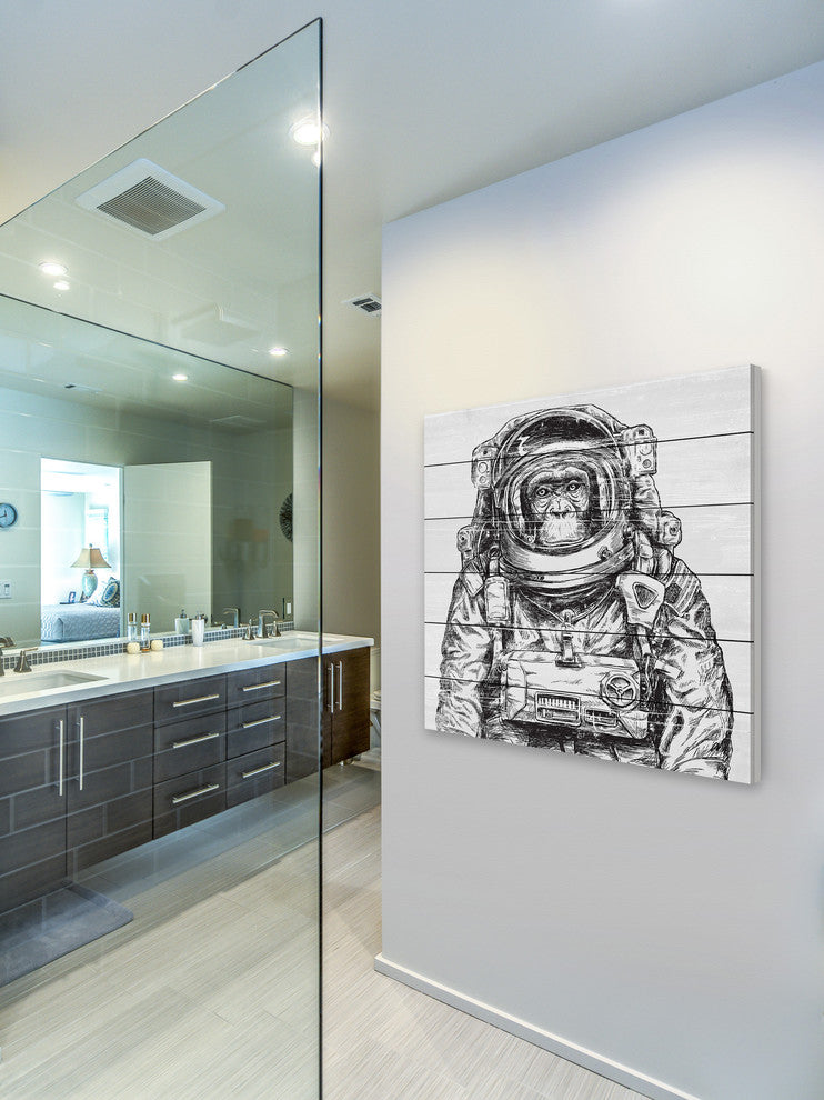 "Space Monkey" Painting Print on White Wood, 18x18