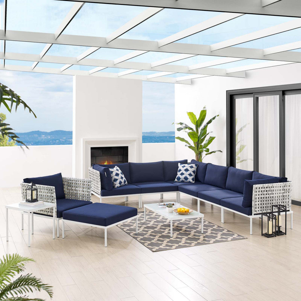 Lounge Sectional Sofa Chair Table Set, Sunbrella, Aluminum, Blue Navy, Outdoor