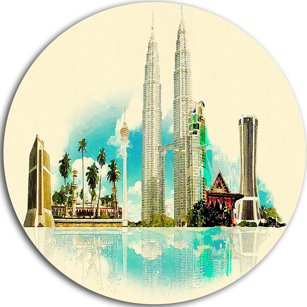 Kuala Lumpur Panoramic View, Cityscape Watercolor Round Wall Art, 36"