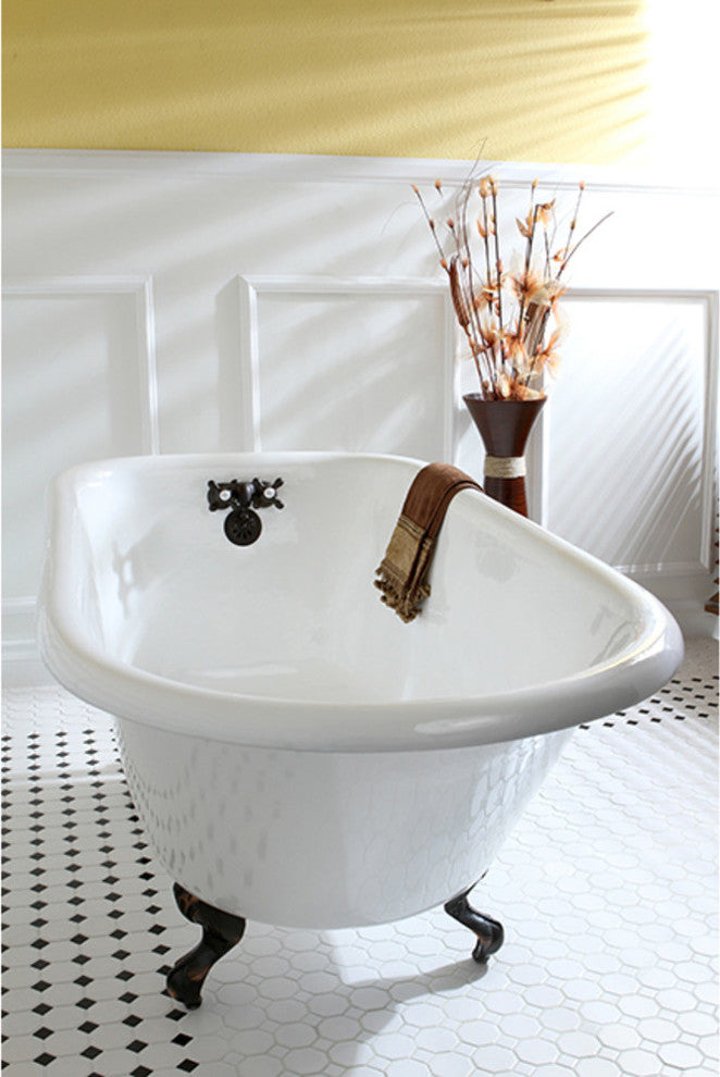 60" Roll Top Clawfoot Tub w/3-3/8" Wall Drillings, White/Oil Rubbed Bronze