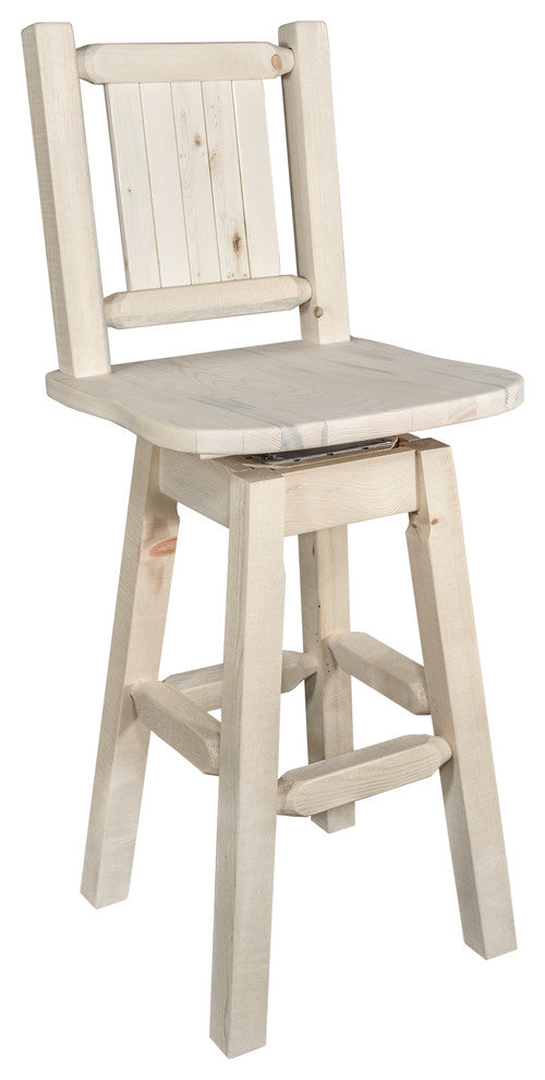 Homestead Bar Stool, Back and Swivel, Laser Engraved Bear, Lacquered