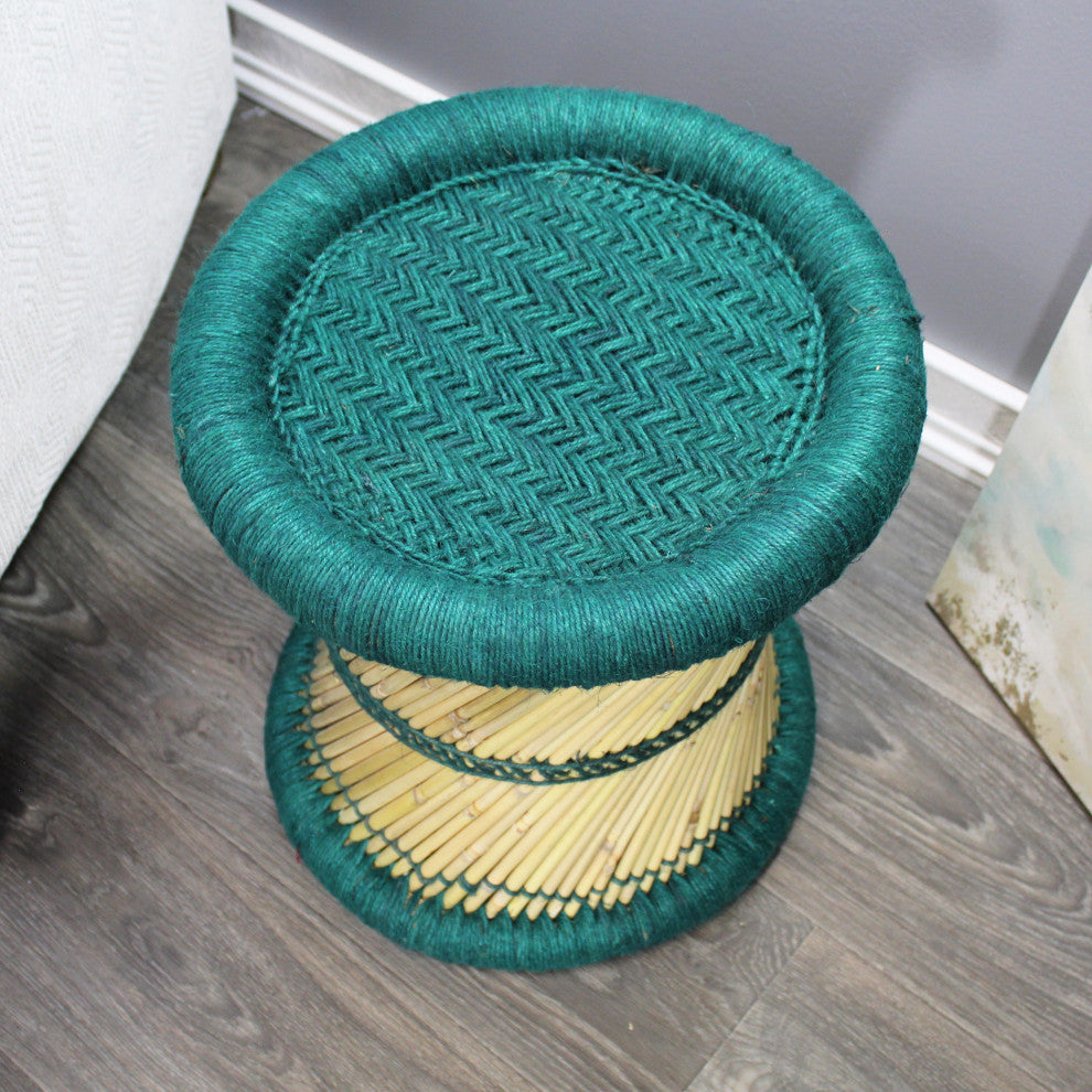 Natural Geo Moray Decorative Handwoven Jute Accent Stool, Teal