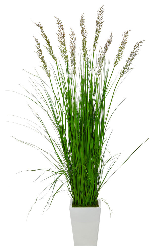 75" Grass Artificial Plant, White Metal Planter