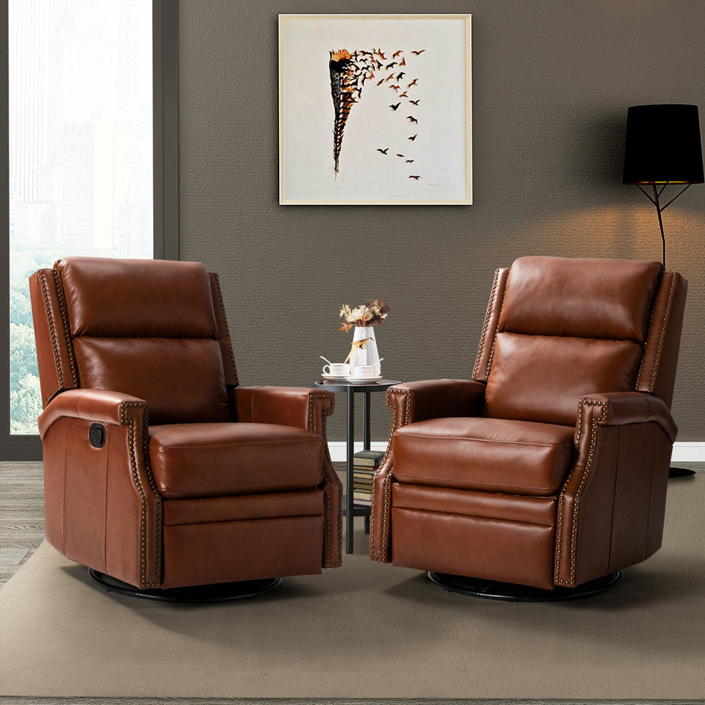 Genuine Leather Swivel Rocker Recliner, Set of 2, Brown