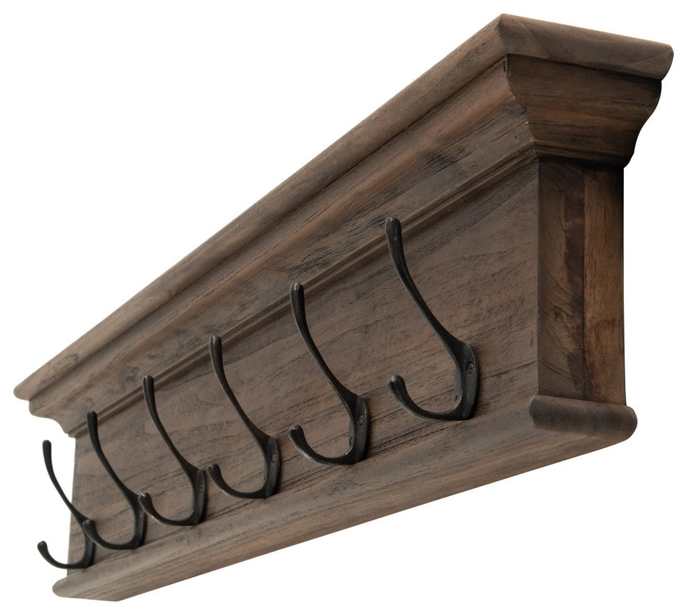 Rustic Dark Teak Six Hook Hanging Coat Rack