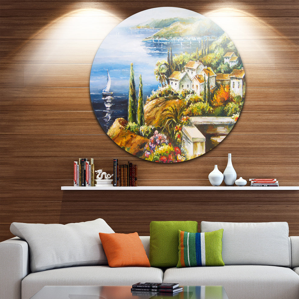 Sailing Boat Remote View, Seascape Painting Round Wall Art, 23"