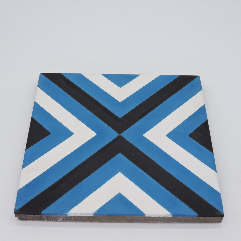 Jadida Handmade Cement Tile, Blue/Black/White, Sample
