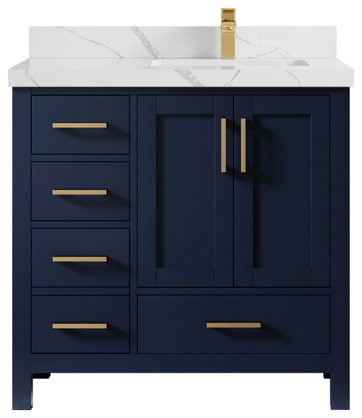 Malibu 36 Right Offset Bath Vanity in Navy Blue 2" Calacatta Laza