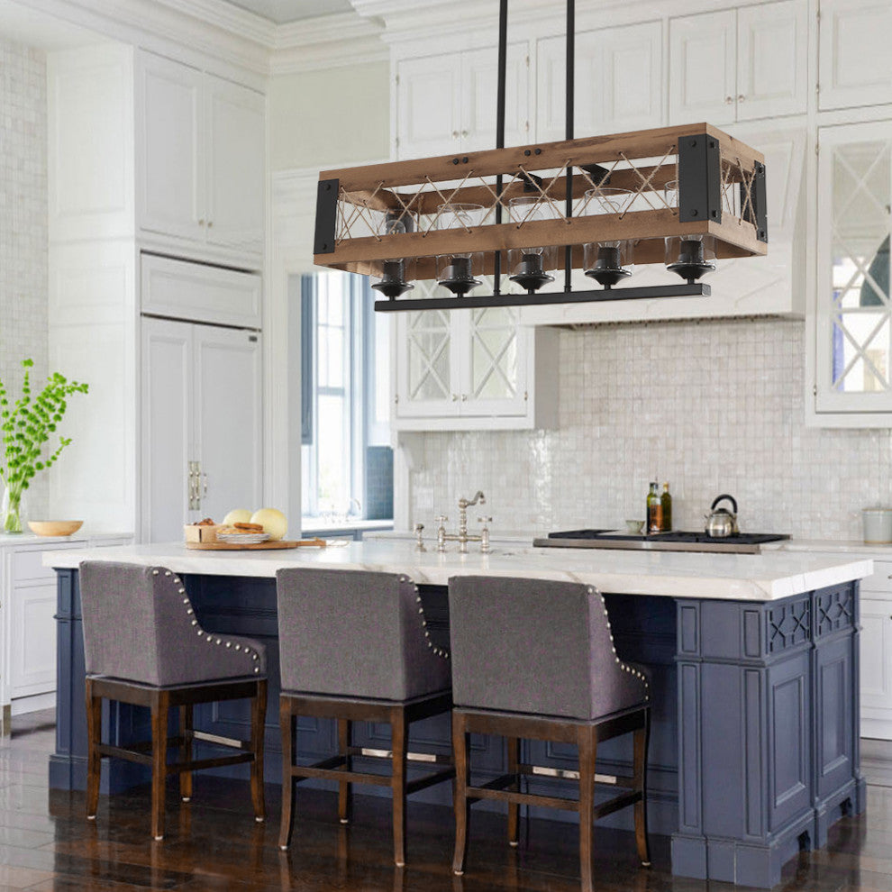 Wooden Farmhouse Rectangular Chandelier, 5 Light