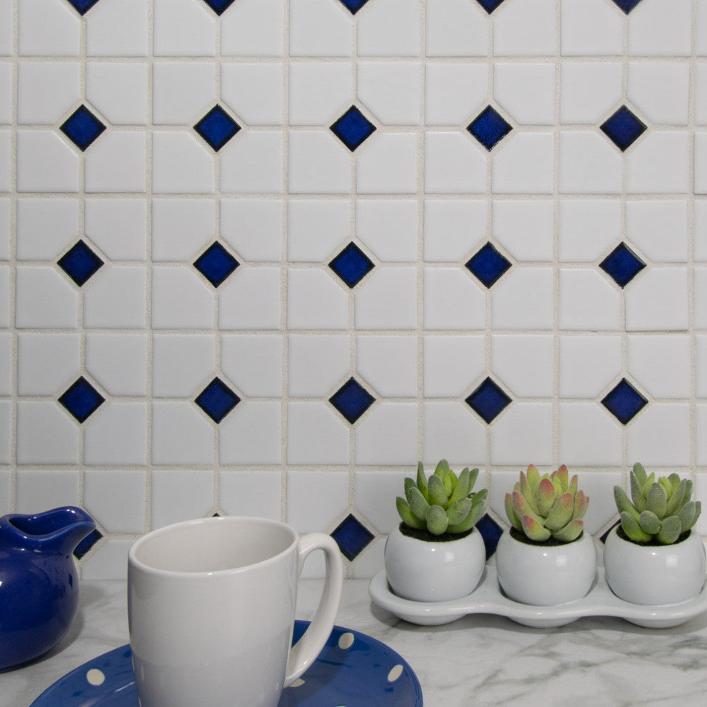 Oxford Matte White w/ Cobalt Dot Porcelain Floor and Wall Tile