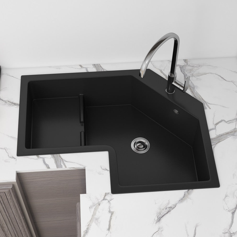 32" Modern Black Drop In Corner Kitchen Sink Single Bowl Quartz Irregular, Right Corner
