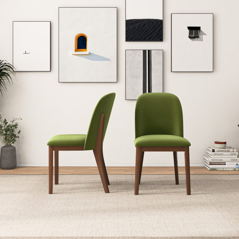 Belfast Mid-Century Modern Solid Wood Upholstered Dining Chair, Set of 2, Green