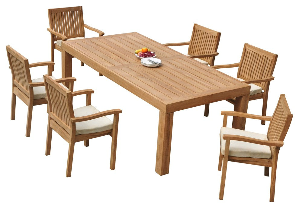 7-Piece Outdoor Teak Dining Set: 86" Rectangle Table, 6 Leveb Stacking Arm Chair
