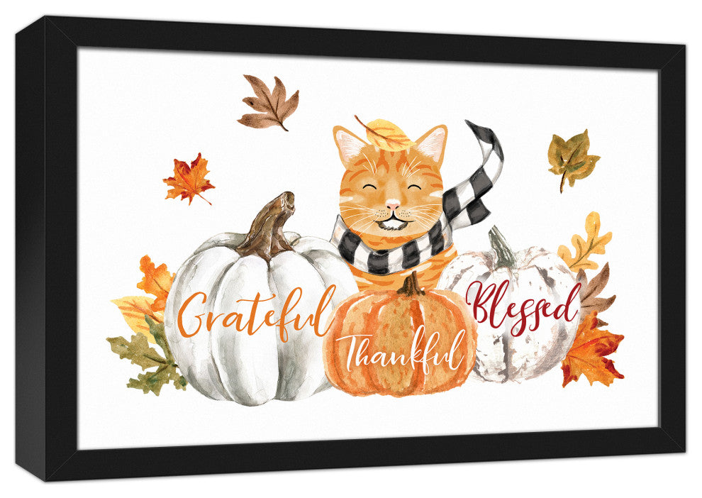 Kitty With Pumpkins 19.73 x 13.73 Black Framed Canvas