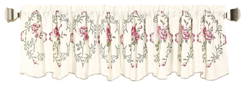 Rose Embroidery Window Curtain Valance, Light Pink, 19" X 60"