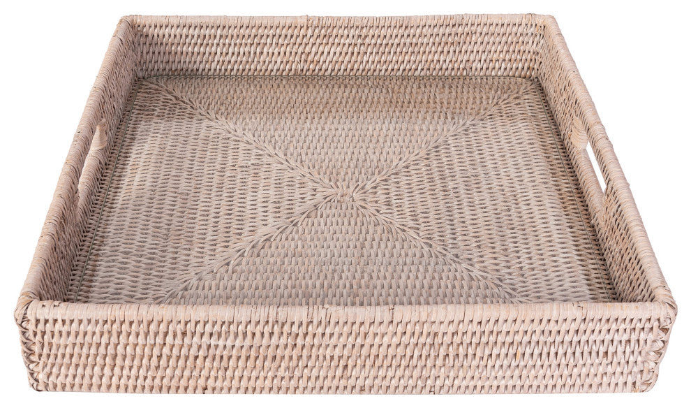 Square Serving Ottoman Trays with Glass Insert, White Wash, 18"x 18"x 3"