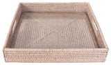Square Serving Ottoman Trays with Glass Insert, White Wash, 18"x 18"x 3"
