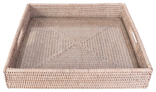 Square Serving Ottoman Trays with Glass Insert, White Wash, 18"x 18"x 3"