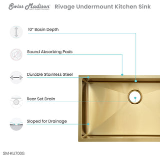 Rivage 30"x18" Stainless Steel, Single Basin, Undermount Kitchen Sink, Gold