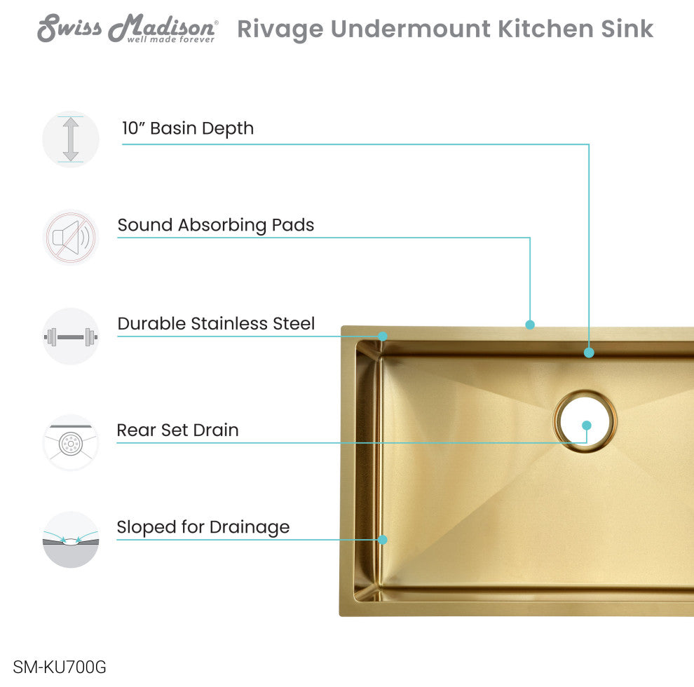 Rivage 30"x18" Stainless Steel, Single Basin, Undermount Kitchen Sink, Gold