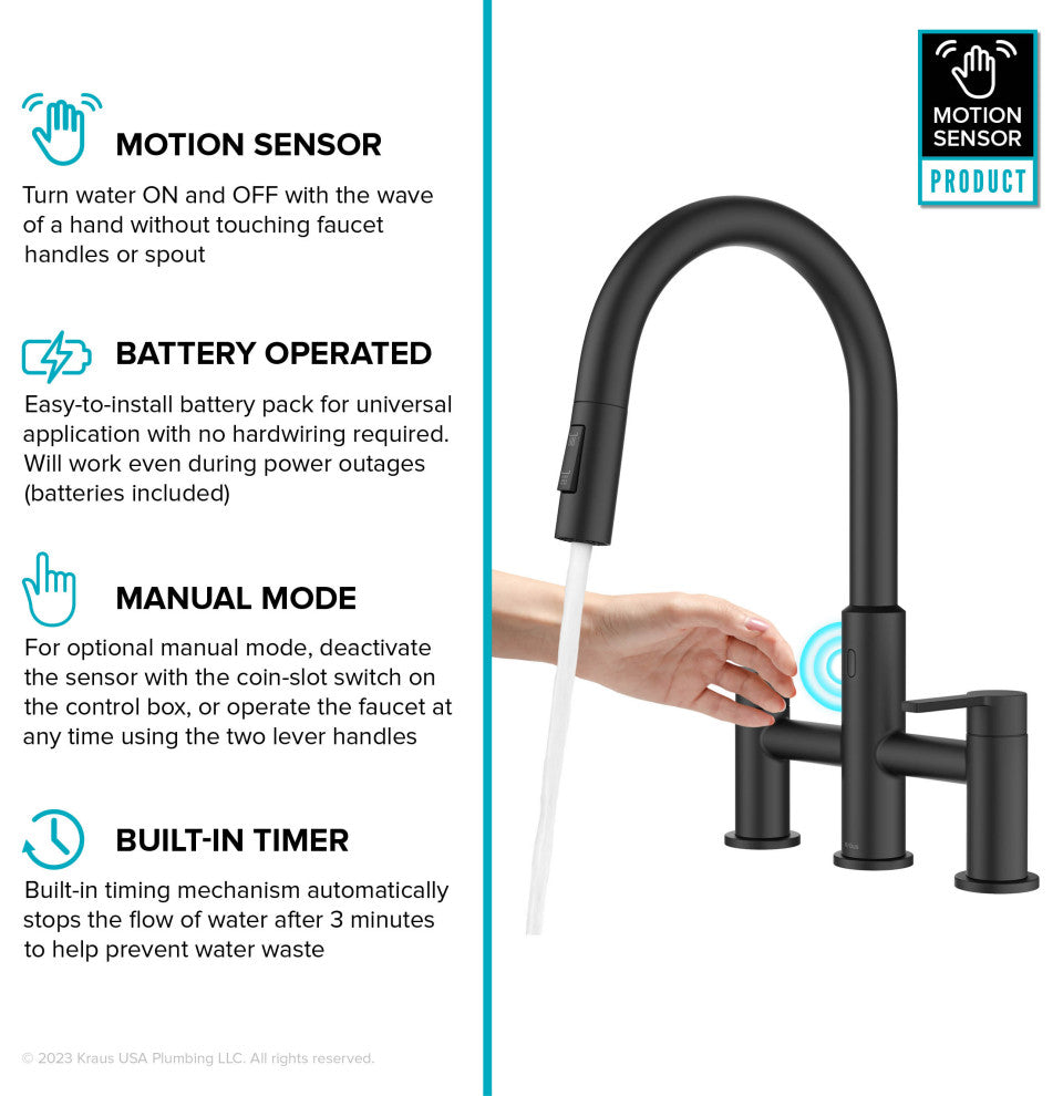 KRAUS Oletto Touchless Sensor Bridge Kitchen Faucet w Pulldown Sprayhead MB