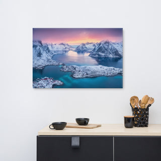 Reine at Winter Sunset Icy Mountain Landscape Photo Canvas Wall Art Prints, 24" X 36"