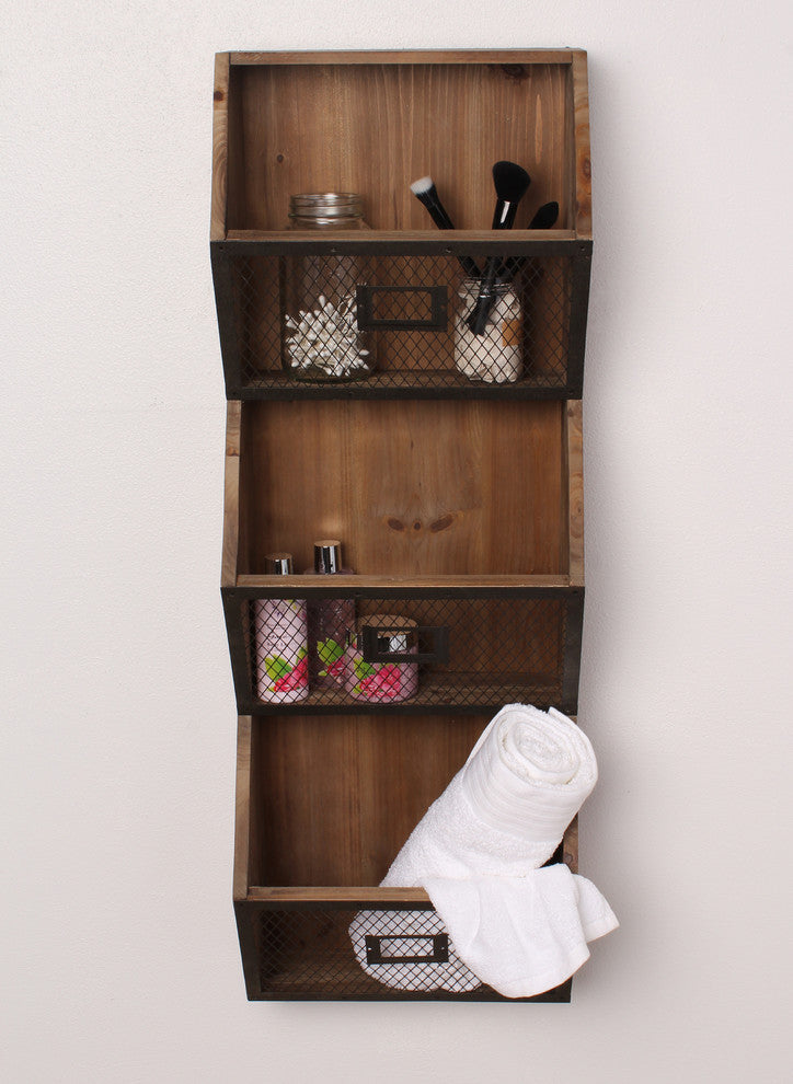 Burdock Wood Wall Vertical Storage Pockets, Rustic Brown