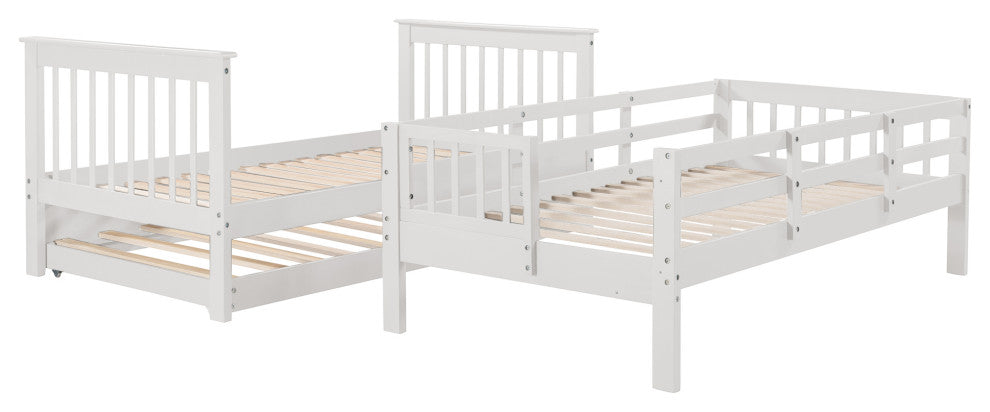 Gewnee Wood Twin-Over-Twin Bunk Bed with Trundle and Stairway in White