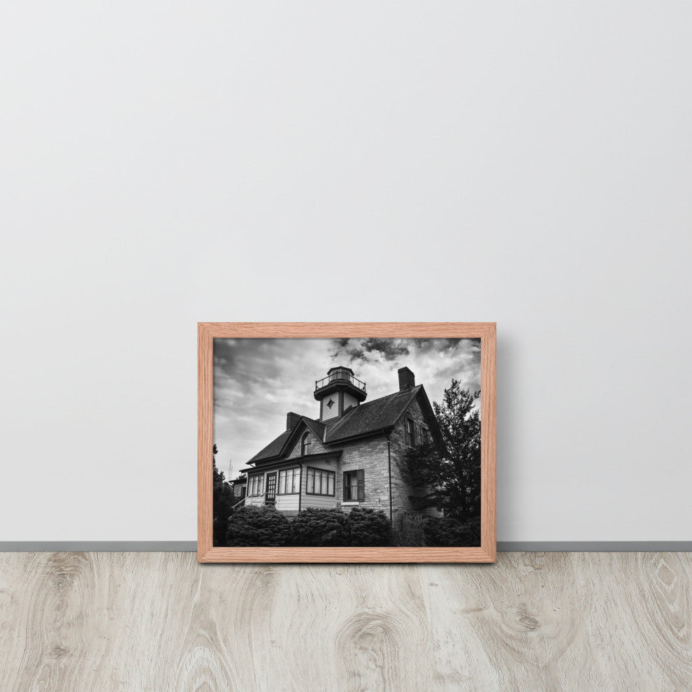 Cedar Point Lighthouse in Black and White Framed Photo Paper Wall Art Prints, Red Oak, 11" X 14"