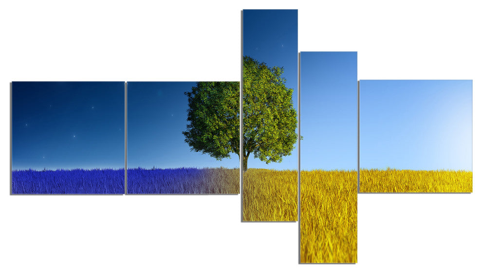Tree in Night and Day, Landscape Canvas Art Print, 60"x32", 5 panels