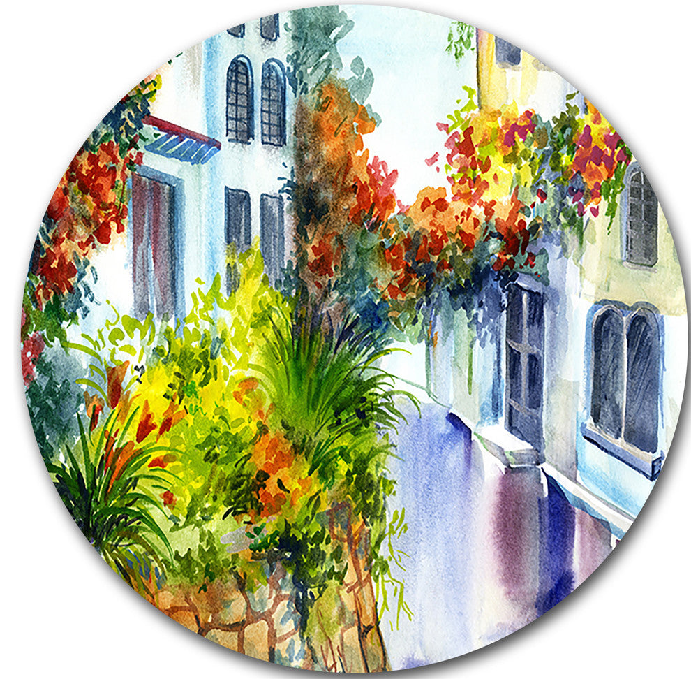 Flowers Near The House, Landscape Disc Metal Artwork, 23"