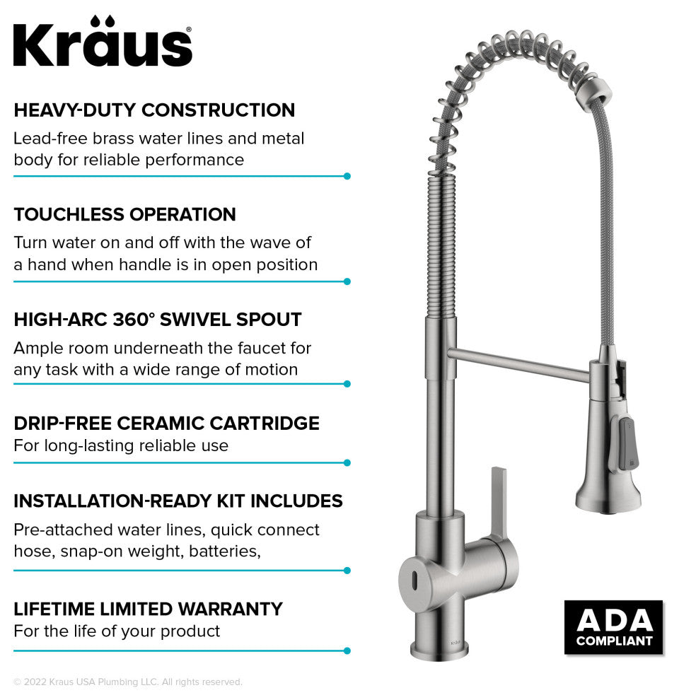 Britt Commercial Style 3-Function Pull-Down 1-Handle 1-Hole Kitchen Faucet, Spot Free Stainless Steel (Touchless Ksf-1691sfs)