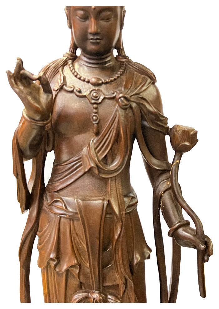 Chinese Brown Guan Yin Tara Bodhisattva Avalokitesvara Wood Statue, Hws2213