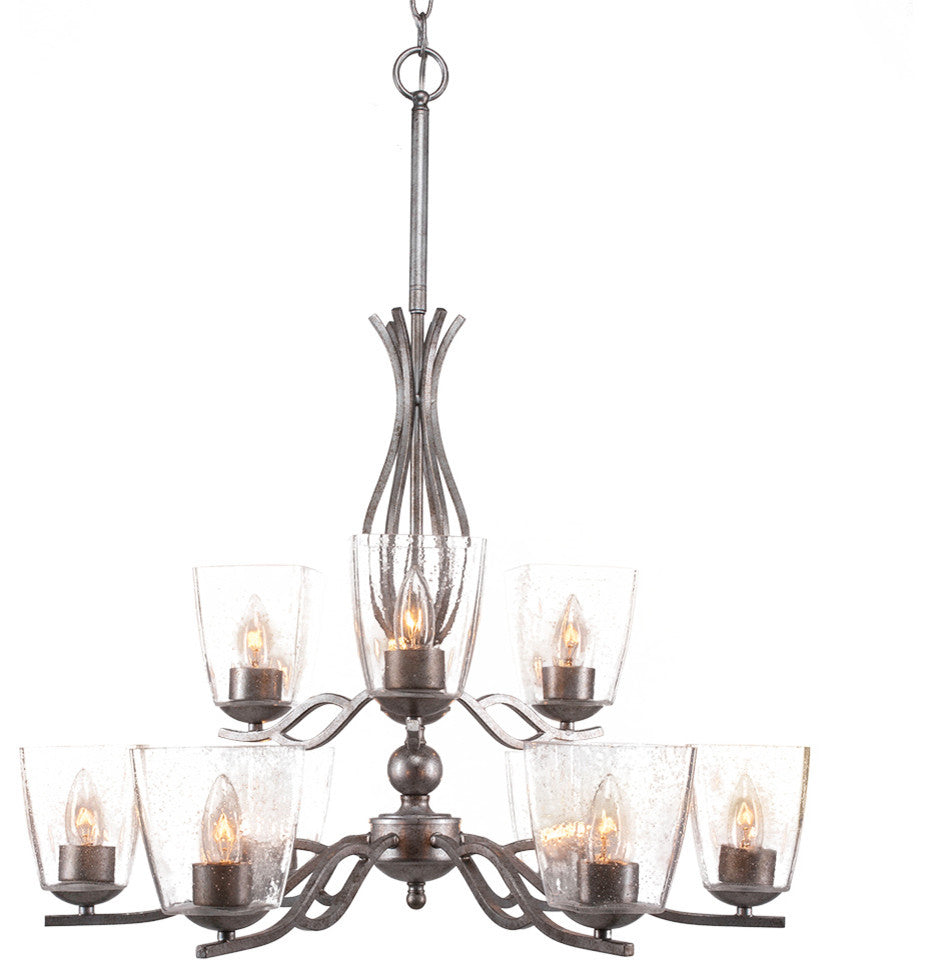 Revo 9 Light Chandelier Shown In Aged Silver Finish With 4.5" Clear Bubble Glass