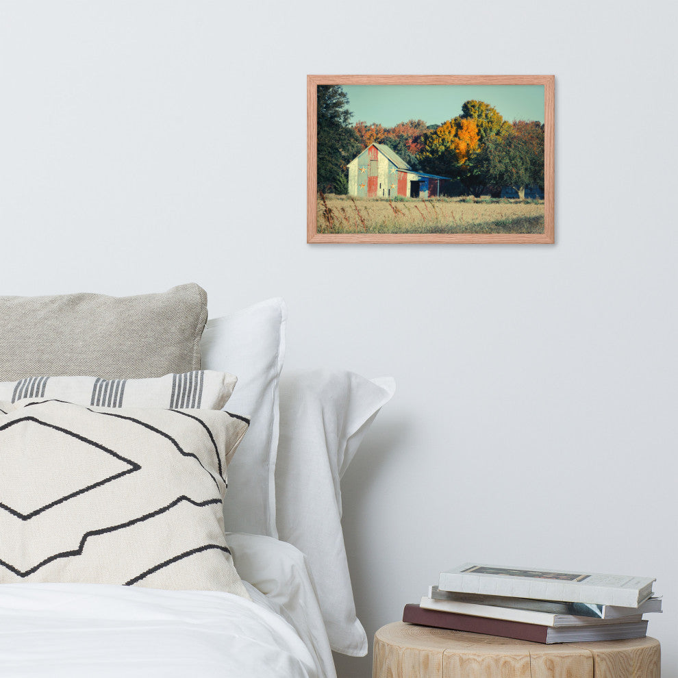 Patriotic Weathered Barn in Field Cross Processed Framed Photo Wall Art Prints, Red Oak, 12" X 18"