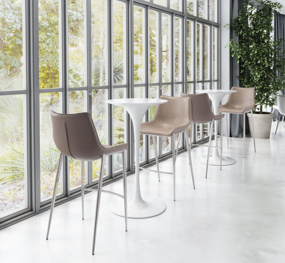 Bar Stool Chair, Set of 2, Faux Vinyl Leather, Steel, Gray, Silver