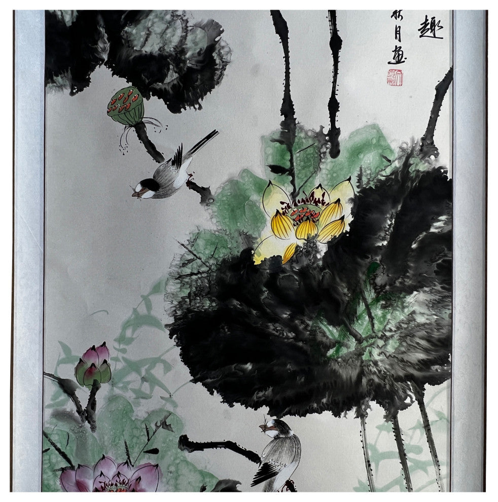 Chinese Color Ink Water Lotus Flowers Leaves Scroll Painting Wall Art Hws3043