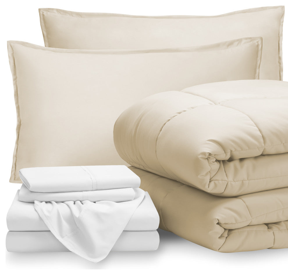 Bare Home 7-Piece Queen, King & Cal King Bed-in-a-Bag, Sand, White, King