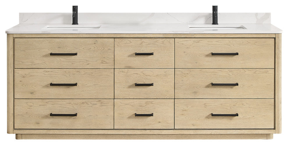Porto Bath Vanity with White Quartz Stone Top, Natural Oak, 84 in., No Mirror