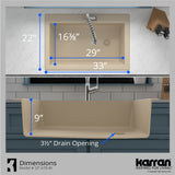 Karran Drop-In Quartz 33" 1-Hole Single Bowl Kitchen Sink, Bisque