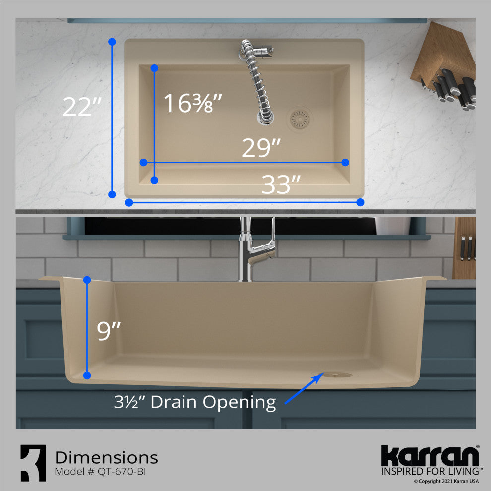 Karran Drop-In Quartz 33" 1-Hole Single Bowl Kitchen Sink, Bisque
