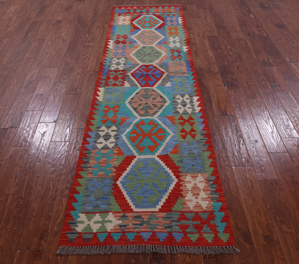 Reversible Kilim Flat Weave Wool On Wool Runner Rug 2' 9" X 9' 7" - Q12553