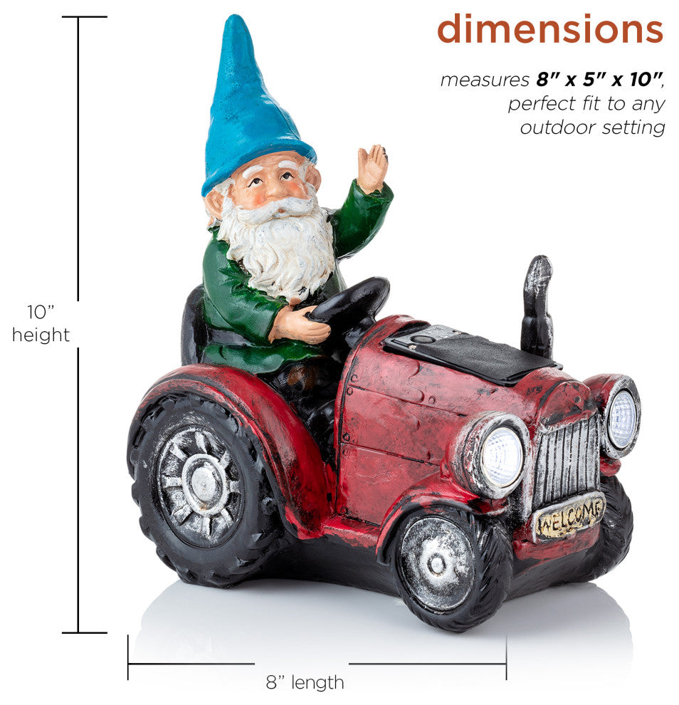 Solar Red Tractor Riding Gnome with Cool White LED Lights
